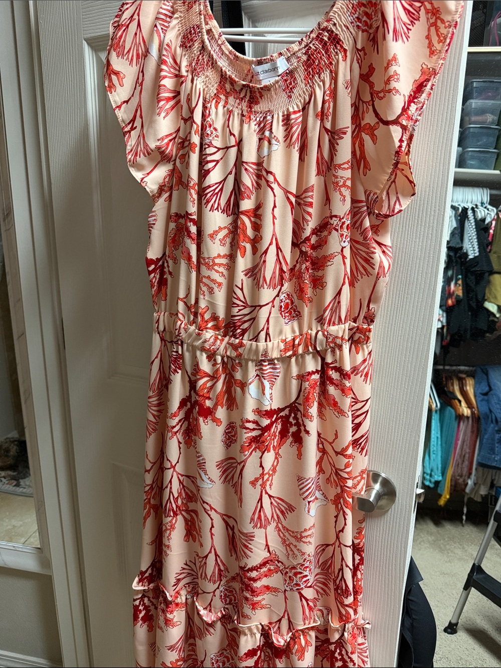 Liz Claiborne Cream Midi Dress with Red Coral Print.